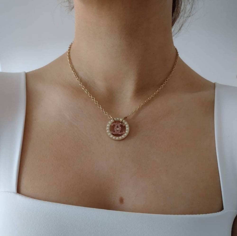 Authentic Chanel Button Necklace - Pink Diamonds And Pearls